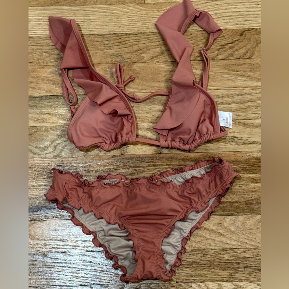 XHILARATION Dusty Rose Ruffle Bikini Top And Bottom swimsuit Size Small